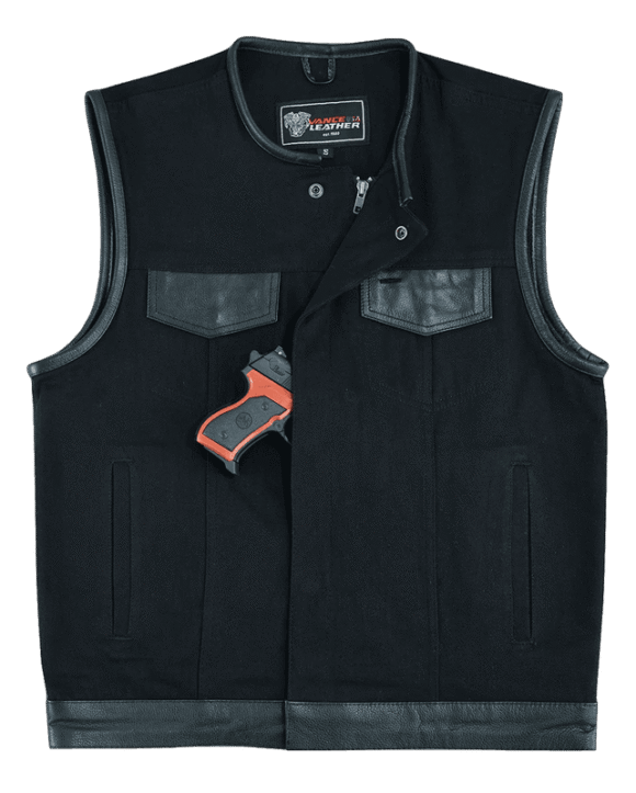 vance mens black denim collarless club vest | leather trims