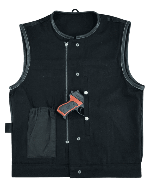 vance mens black denim collarless club vest | leather trims
