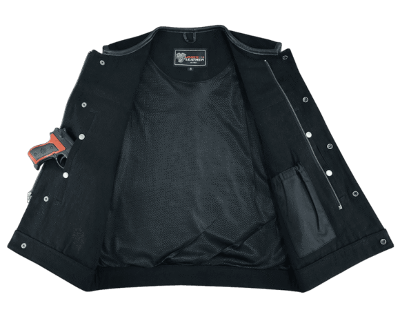 vance mens black denim collarless club vest | leather trims