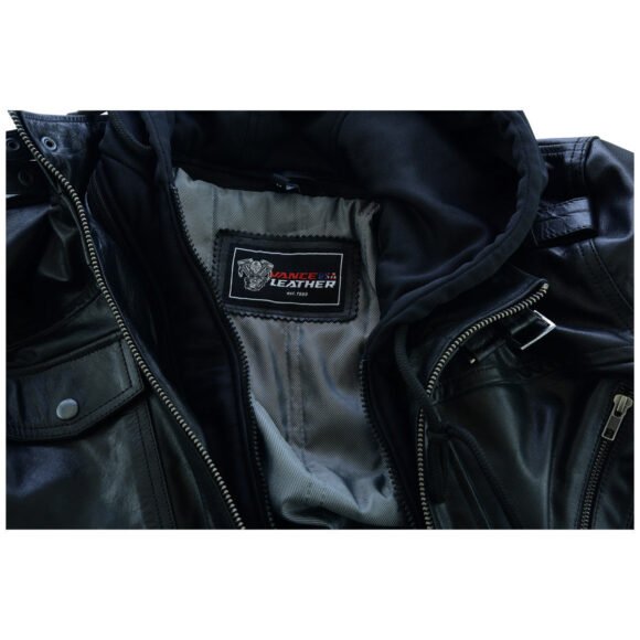 vance leather mens sven bomber black waxed premium cowhide motorcycle leather jacket with removeable hood