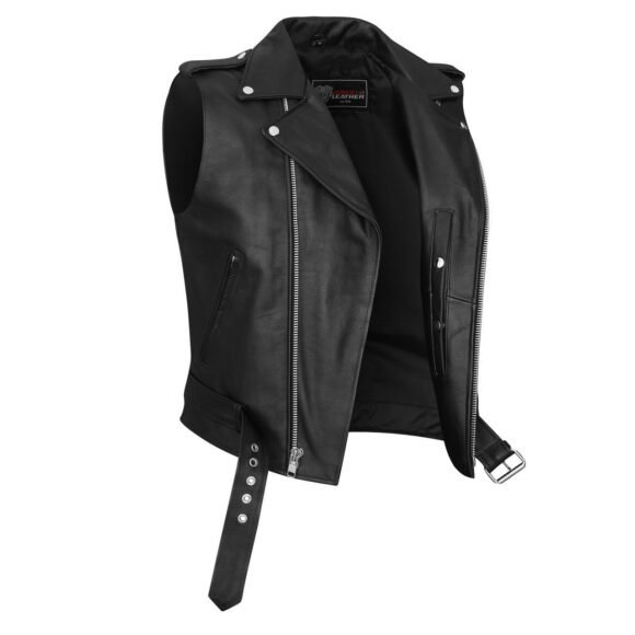 mens premium leather classic motorcycle vest | plain side | belted waist