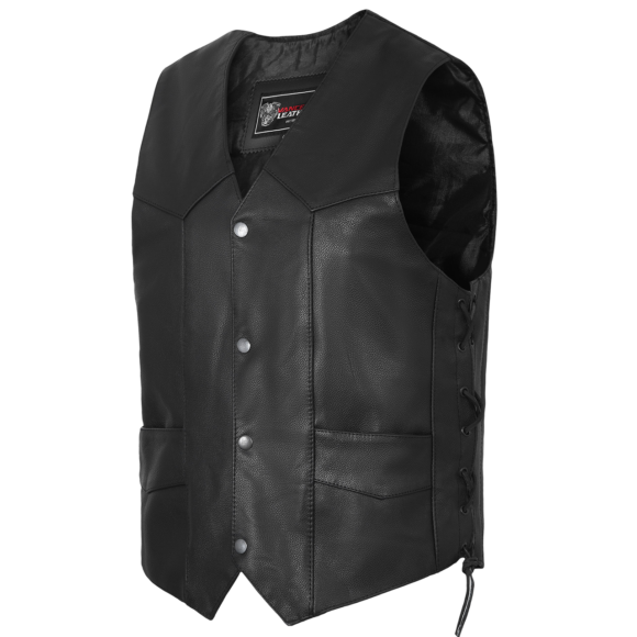 vance mens black leather biker vest | side laces