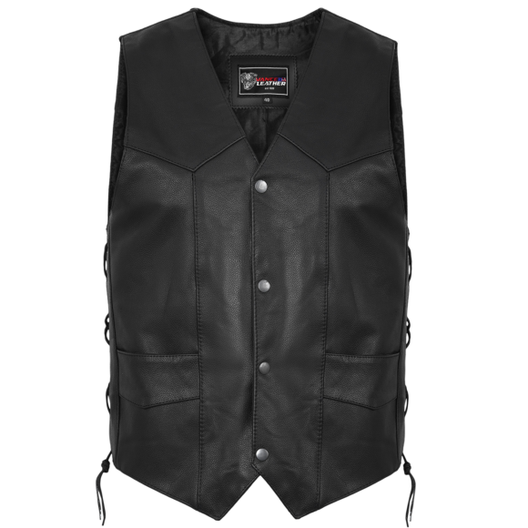 vance mens black leather biker vest | side laces