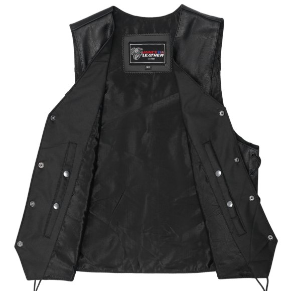 vance mens black leather biker vest | side laces