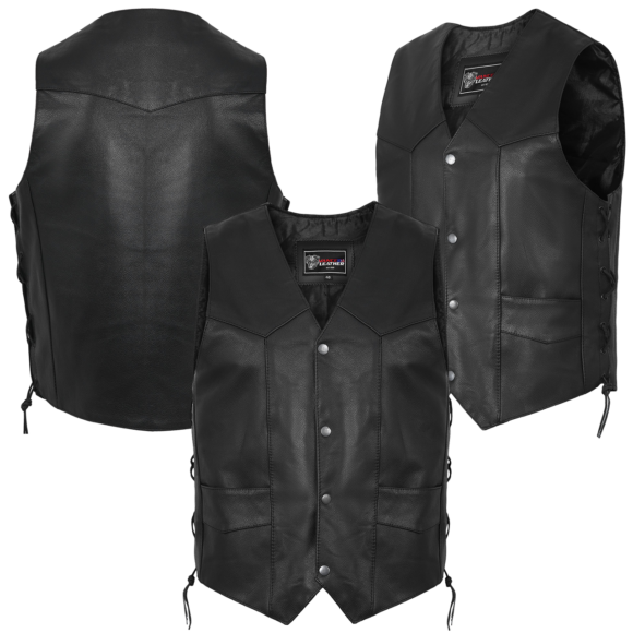 vance mens black leather biker vest | side laces
