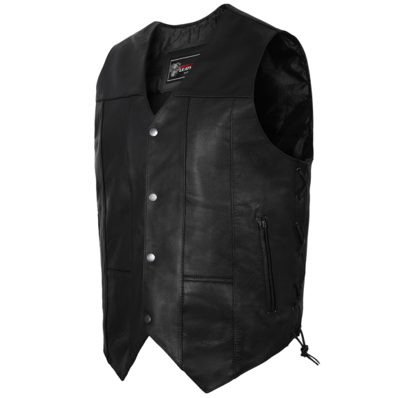 vance mens black leather mc vest | ten pocket |