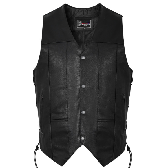 vance mens black leather mc vest | ten pocket |