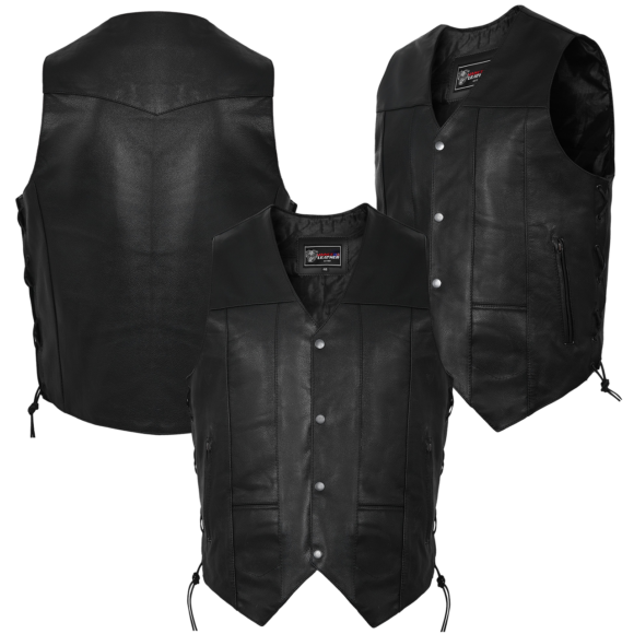 vance mens black leather mc vest | ten pocket |