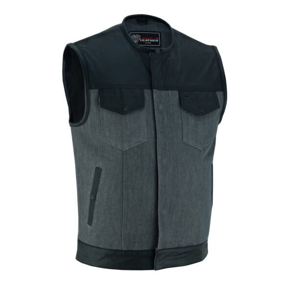 mens grey denim | leather motorcycle vest | ccw pockets