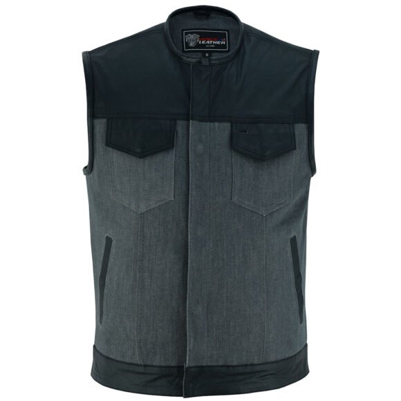 mens grey denim | leather motorcycle vest | ccw pockets