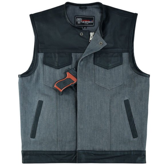 mens grey denim | leather motorcycle vest | ccw pockets