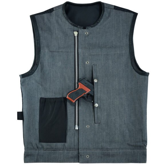 mens grey denim | leather motorcycle vest | ccw pockets