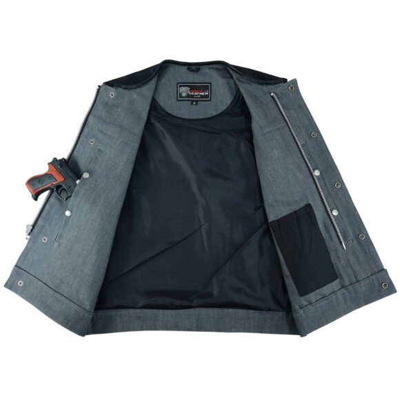 mens grey denim | leather motorcycle vest | ccw pockets