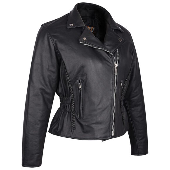 vance leather womens black soft leather jacket | braided | studded
