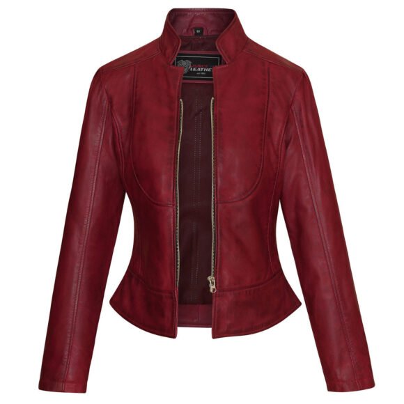 vance maya womens lightweight burgundy fitted leather jacket