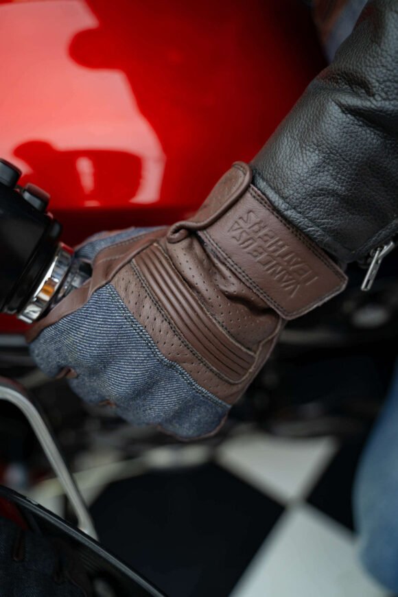 denim | leather riding gloves (brown) with mobile phone touchscreen