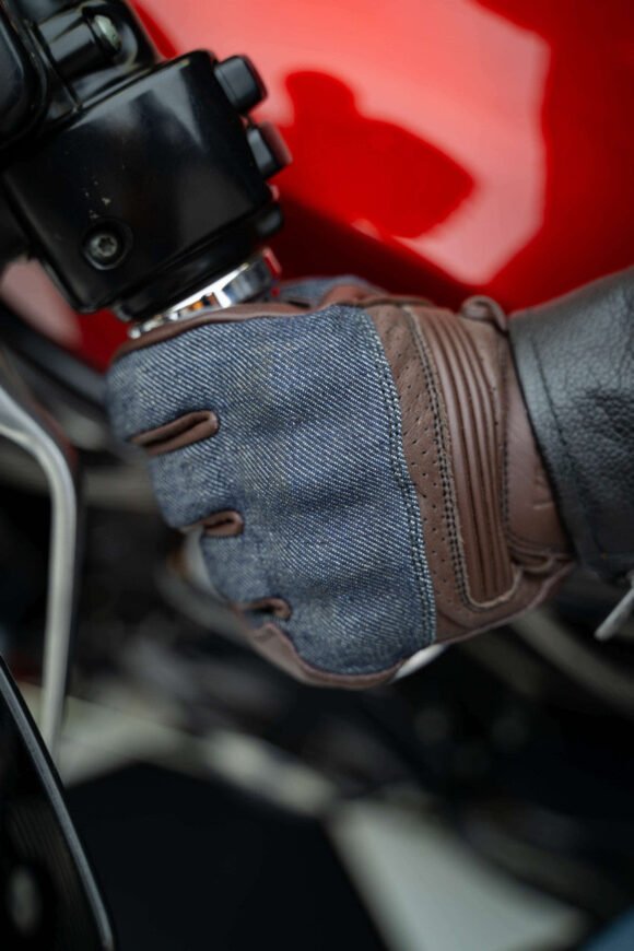 denim | leather riding gloves (brown) with mobile phone touchscreen