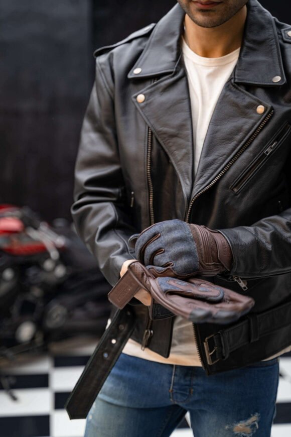 denim | leather riding gloves (brown) with mobile phone touchscreen