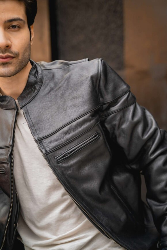 test mens premium cowhide cafe racer leather motorcycle jacket with zipper vents