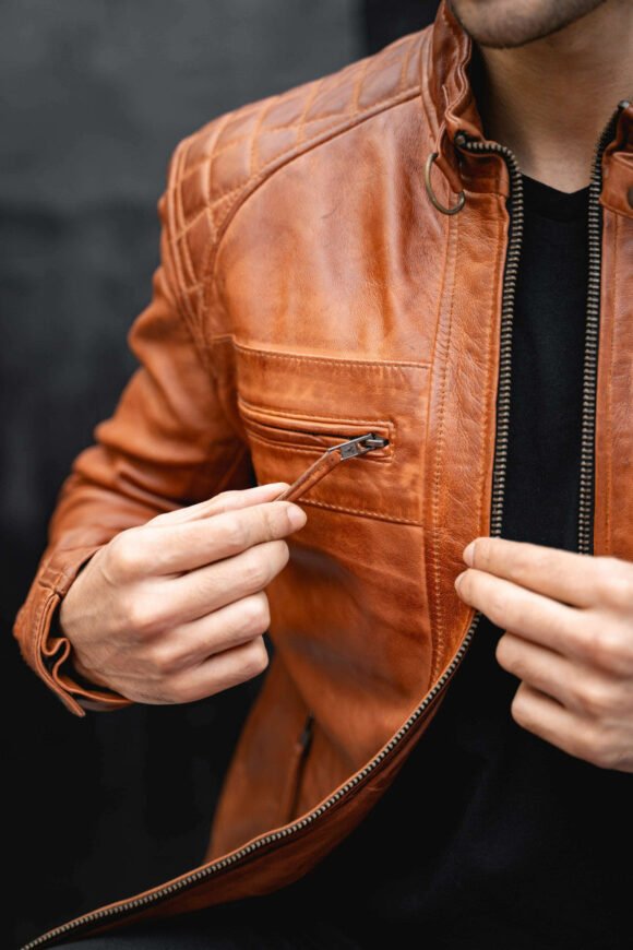 mens cafe racer waxed lambskin austin brown biker jacket