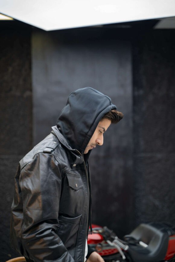 vance leather mens sven bomber black waxed premium cowhide motorcycle leather jacket with removeable hood
