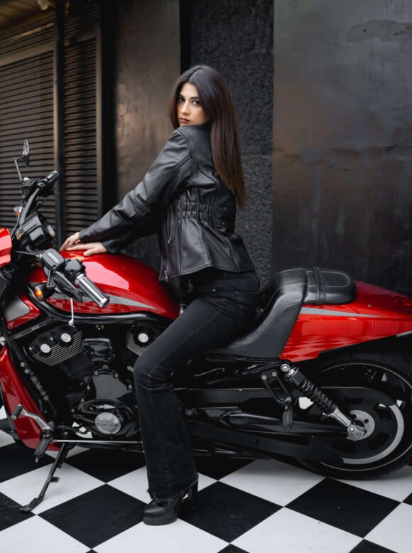 womens black leather braided | studded riding jacket