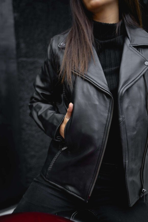 vance leather womens black soft leather jacket | braided | studded