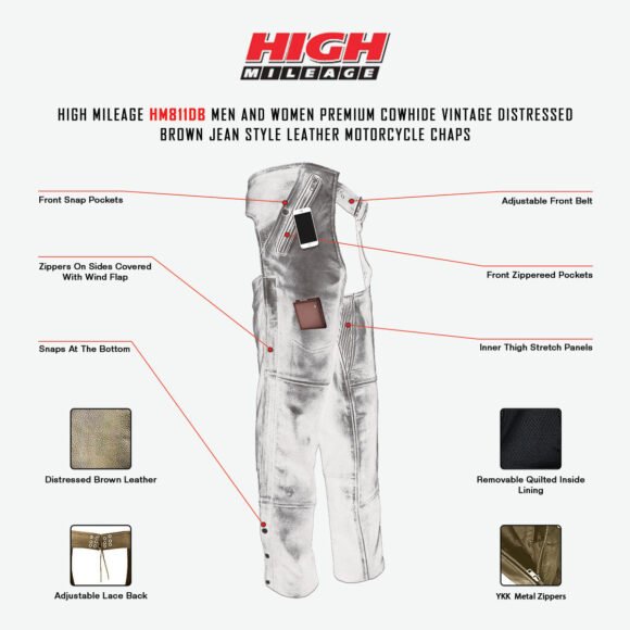 high mileage premium cowhide vintage distressed brown jean style leather motorcycle chaps unisex