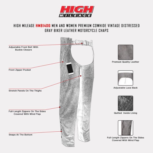 high mileage unisex premium cowhide vintage distressed gray biker leather motorcycle chaps