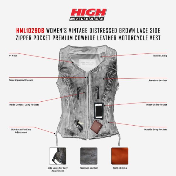 high mileage womens vintage brown leather vest | lace | side zipper pocket