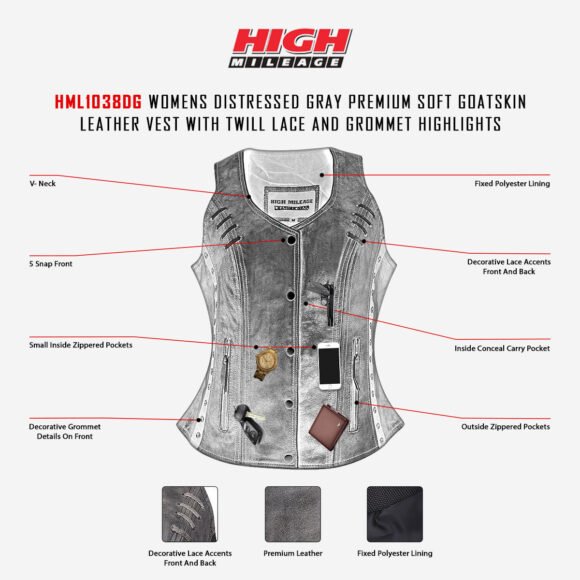 high mileage womens distressed gray soft goatskin vest | twill lace | grommets