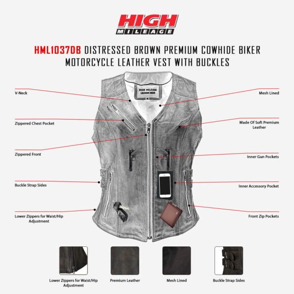 high mileage womens distressed brown leather vest | buckles
