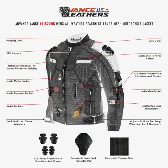 vance mens all weather hi viz ce armor mesh motorcycle jacket