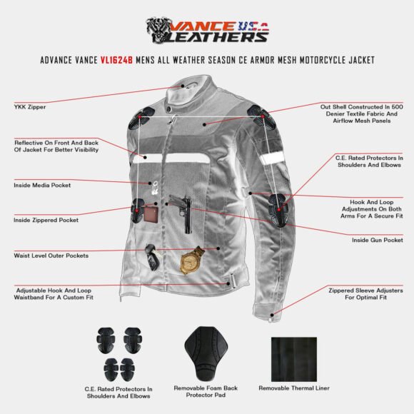 vance mens all weather season ce armor mesh motorcycle jacket