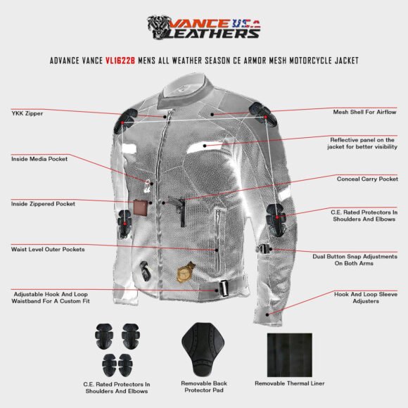 advance vance mens all weather season ce armor mesh motorcycle jacket