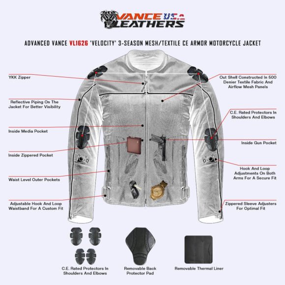 vance velocity 3 season mesh motorcycle jacket with ce armor & removeable liner.