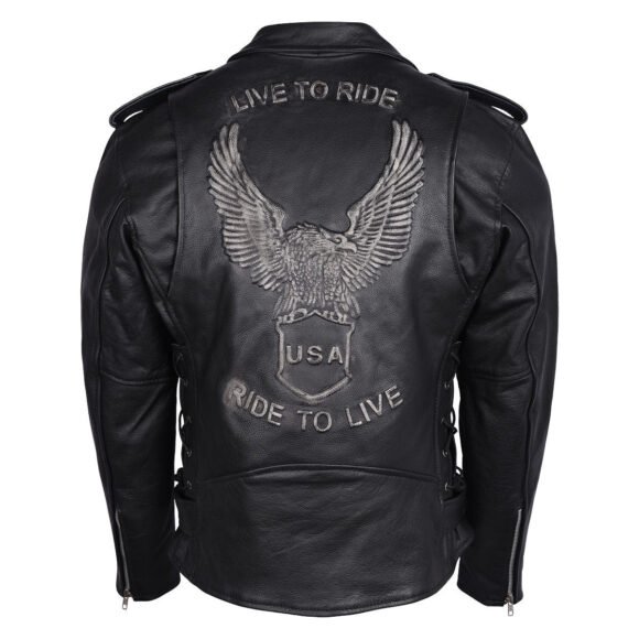 mens eagle embossed live to ride ride to live classic black leather motorcycle jacket