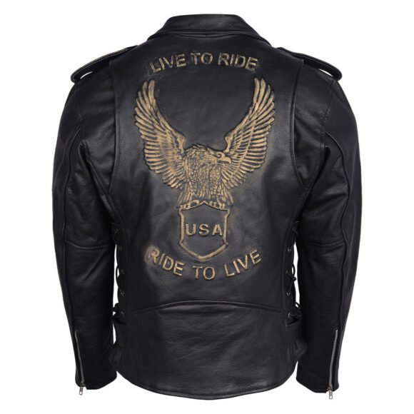 mens eagle embossed live to ride ride to live classic black leather motorcycle jacket