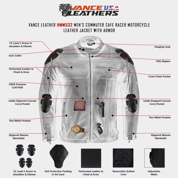high mileage mens premium commuter cafe racer motorcycle leather jacket with removeable ce armor