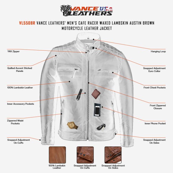 mens cafe racer waxed lambskin austin brown biker jacket