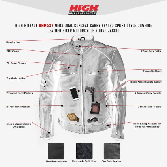 high mileage mens premium cowhide leather 'street' cruiser motorcycle riding jacket