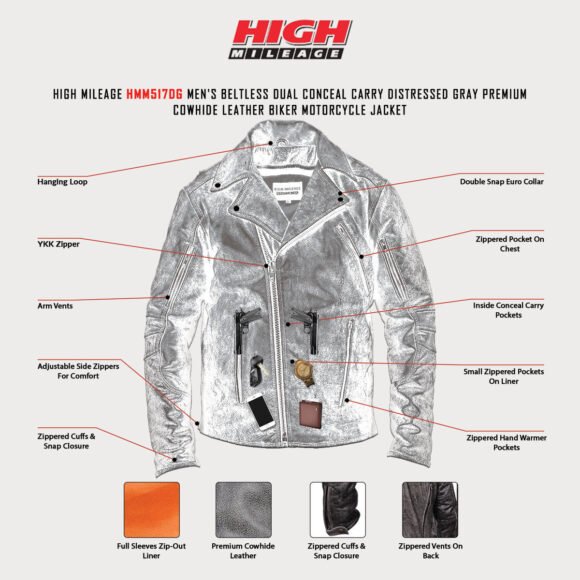 high mileage mens beltless dual conceal carry distressed gray premium cowhide leather biker motorcycle jacket