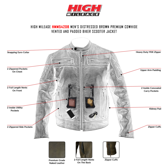 high mileage hmm542db men's distressed brown premium cowhide vented and padded biker scooter jacket