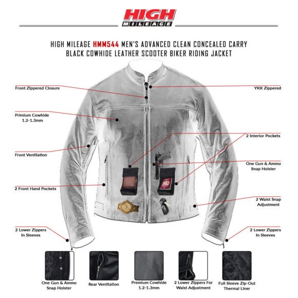 high mileage mens advanced clean concealed carry black cowhide leather motorcycle riding jacket