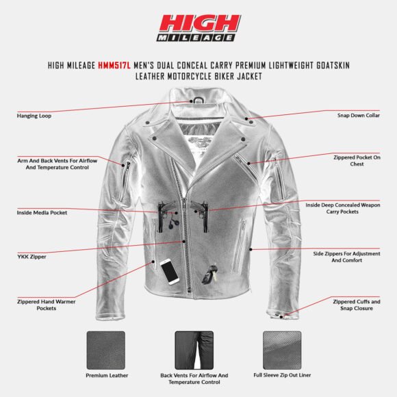high mileage men's dual conceal carry premium lightweight goatskin leather motorcycle jacket