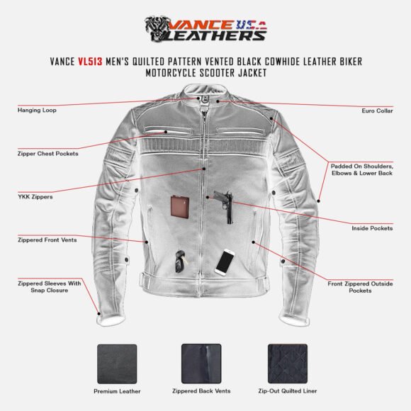 vance leathers men's quilted pattern vented black cowhide leather biker motorcycle jacket