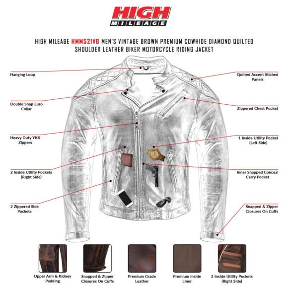mens vintage brown premium cowhide diamond quilted shoulder leather biker motorcycle riding jacket