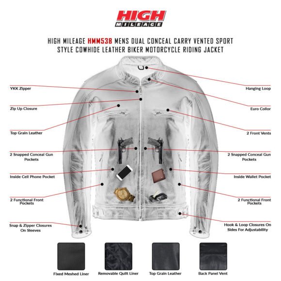 high mileage mens dual conceal carry vented sport style cowhide leather biker motorcycle riding jacket