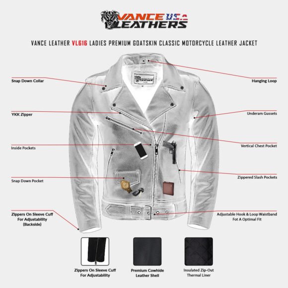 vance ladies goatskin leather classic biker jacket