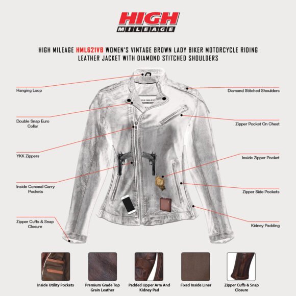 high mileage womens antiqye brown leather riding jacket | diamond stitched shoulders